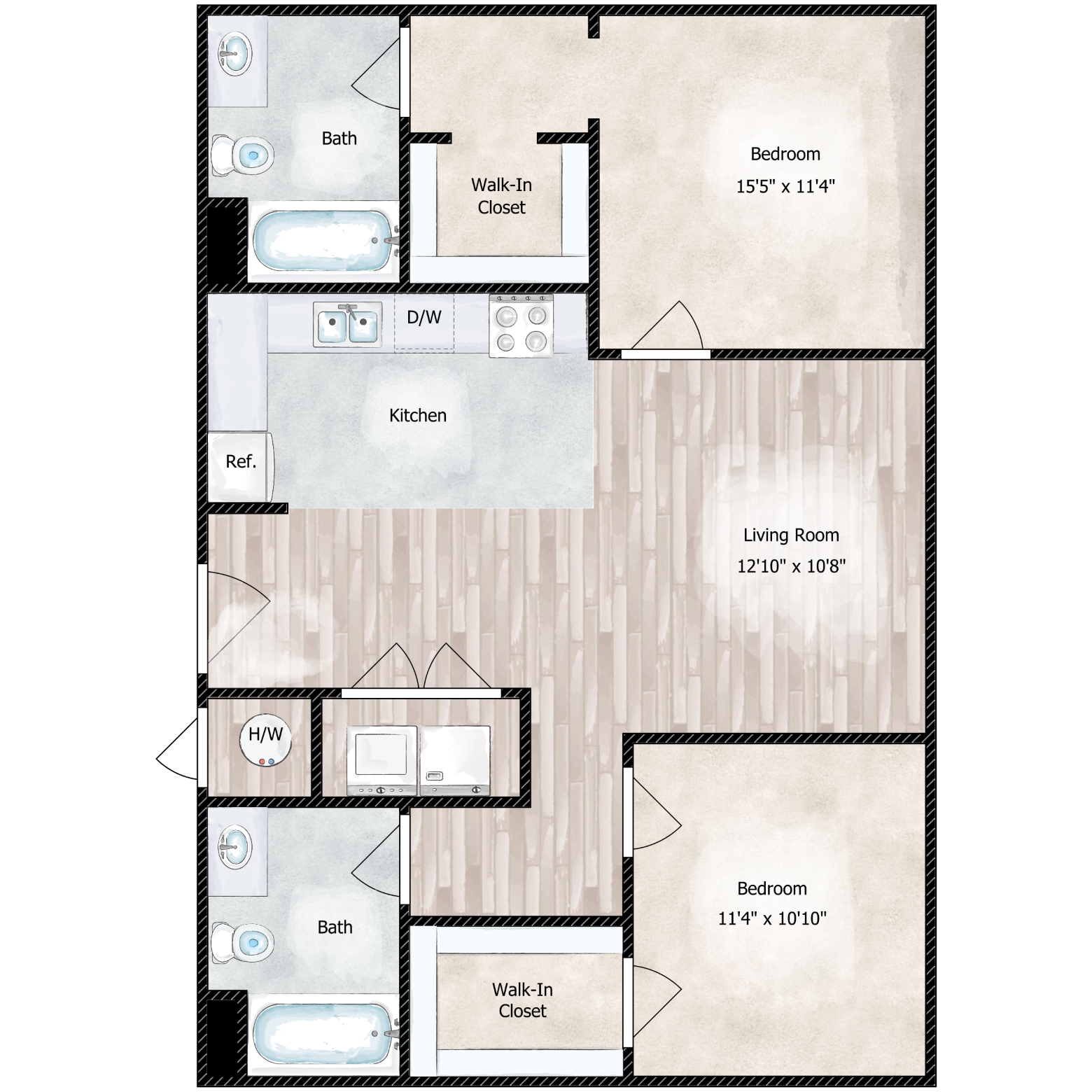 Floor plan for 2 beds, 2 baths, 923 sqft